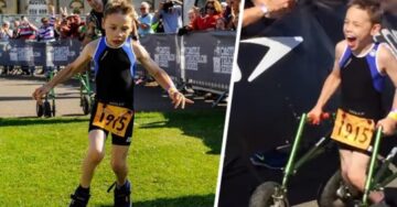 Pequeño con PARÁLISIS cerebral llega a la META sin su andador después de terminar un triatlón