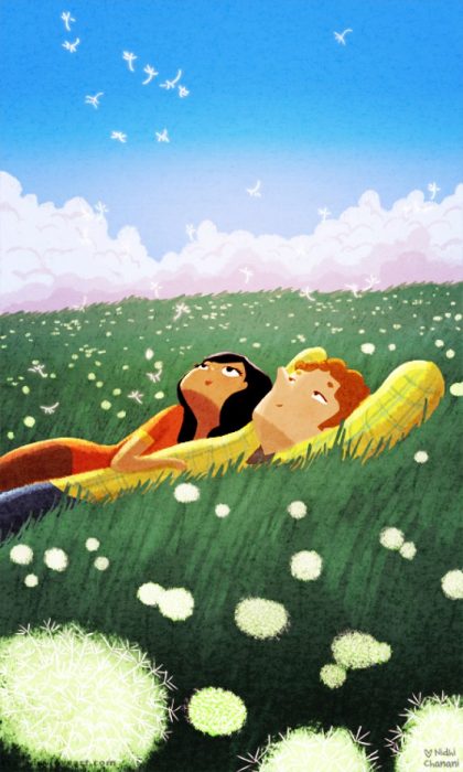 Ilustración de Nidhi Chanani pareja observando las nubes 