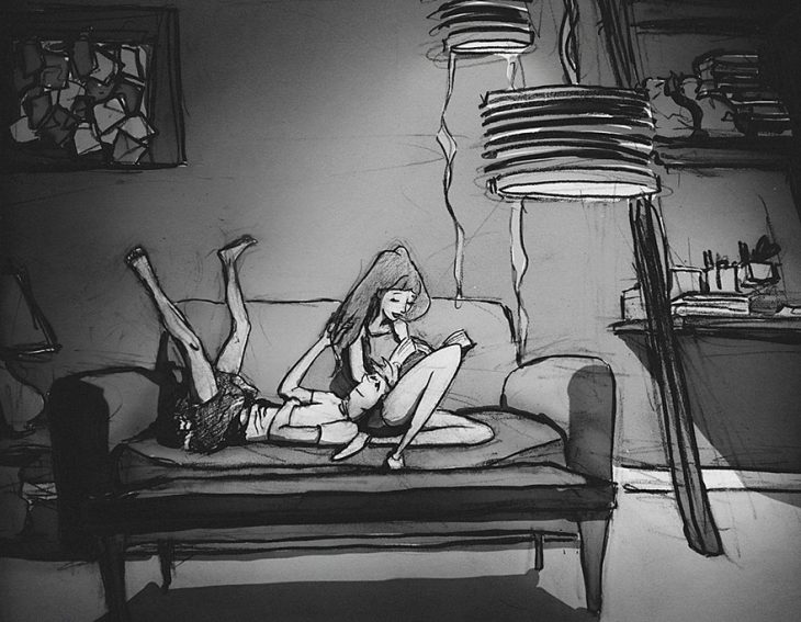 dibujo pareja acostados en un sillón