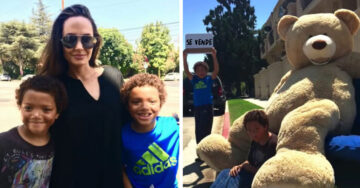 Estos pequeños hermanos vendían un oso gigante en la calle y ¡Angelina Jolie fue su compradora!