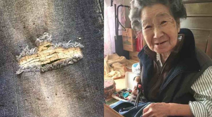 Abuela cose los jeans rotos de su nieta