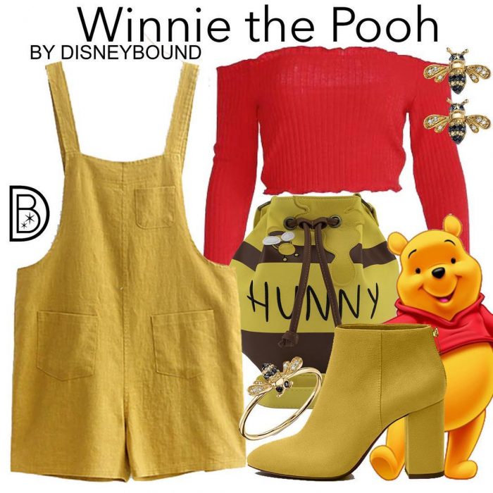 Outfits inspirados en Winnie Pooh de Disney, crop top rojo, jumper amarillo, botines amarillos y backpack en forma de bote de miel