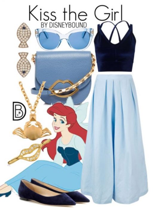 Outfits inspirados en la Sirenita de Disney, falda y bolsa azules, lentes transparentes, top azul marino y zapatos negros
