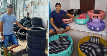Chico transforma neumáticos en camas para mascotas y crea impacto ecológico en su ciudad
