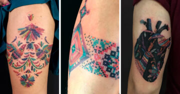 Artista se inspira en arte huichol para crear tatuajes que parecen bordados