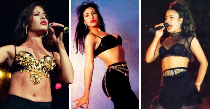 Selena Quintanilla en concierto modelando sus atuendos más emblemático