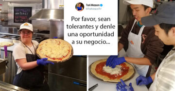 Mujer pide ayuda para una pizerría con trabajadores con necesidades especiales