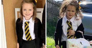La foto del antes y después de una niña en su primer día de clase nos representa