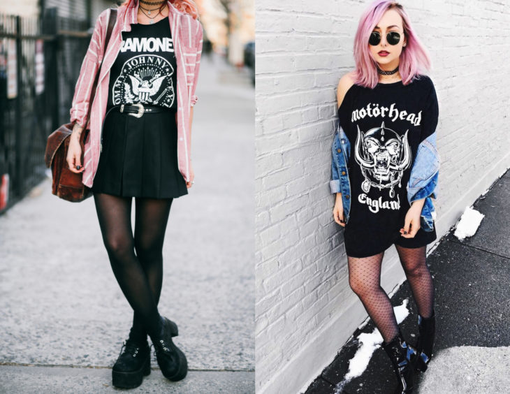 Atuendos con camisas de bandas de rock y medias; chicas con blusas de Ramones y Motorhead, con botas