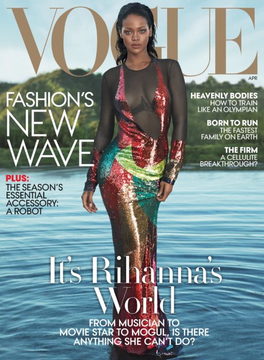 Rihanna en la portada de la revista de moda Vogue Estados Unidos de abril del 2016; mujer en un lago con vestido de noche
