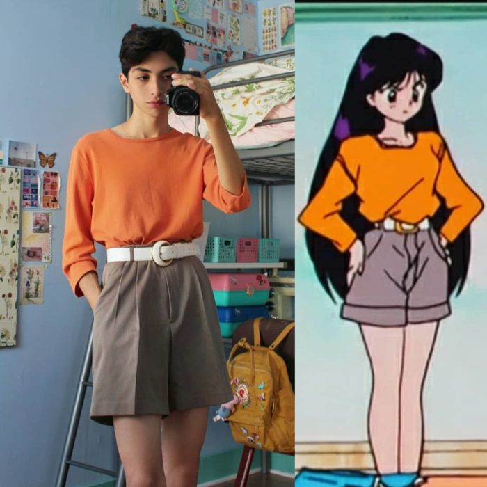 celestialyouth, joven recrea atuendos vintage de Sailor Moon; Rei, Marte, suéter anaranjado con shorts grises
