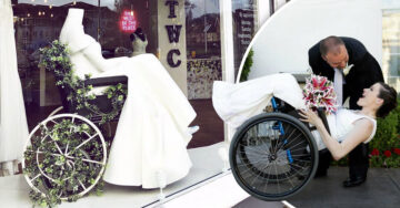 Tienda de novias usa maniquíes en silla de ruedas para mostrar sus vestidos