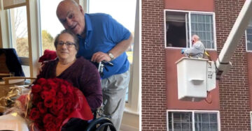 Abuelito sube a una grúa para ver a su esposa aislada en un tercer piso