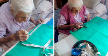 ¡Admirable! Abuelita de 96 años fabrica cubrebocas para donar a un hospital
