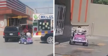 No querían venderle pizza por no ir en auto; él regresó en un carro eléctrico de juguete