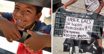 Niño hace mandados en bicicleta para comprar una tablet para hacer tarea