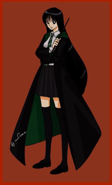 Rei de Sailor moon con uniforme de Slytherin de Hogwarts