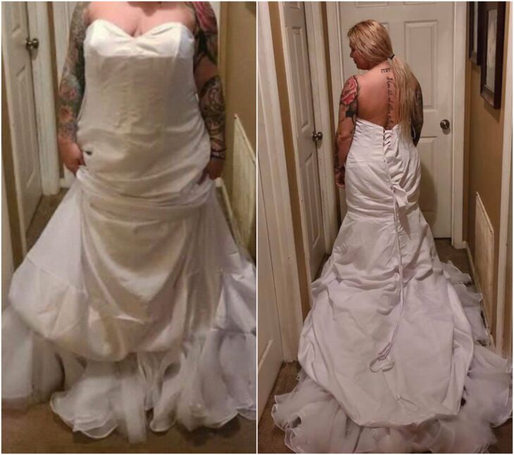 Chica mostrando su vestido de novia; Se queja de su vestido de novia y se lo había puesto mal