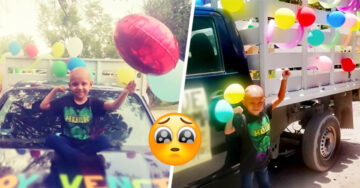 Niño festeja con globos haber ganado su batalla más importante
