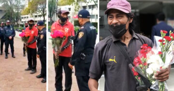 Papá regala flores a los policías que encontraron a su hija con vida y a salvo