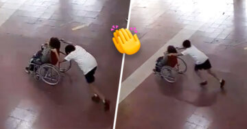 Niño ayuda a su compañero en silla de ruedas en clase de educación física y da una gran lección