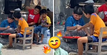 ¡Cosas de regios! Niños hacen una carnita asada en plena banqueta y se hacen virales