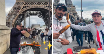 ¡Qué elegancia la de Francia! Chico vende elotes frente a la Torre Eiffel y es un éxito