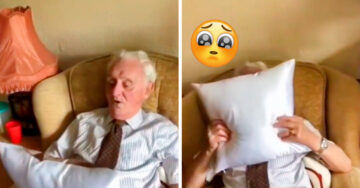 Abuelito llora al recibir una almohada con la foto de su fallecida esposa