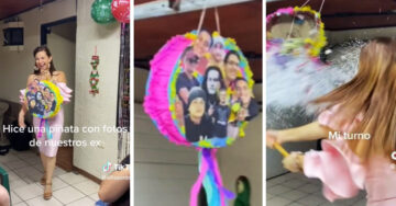 Amigas rompen una piñata decorada con la cara de sus ex