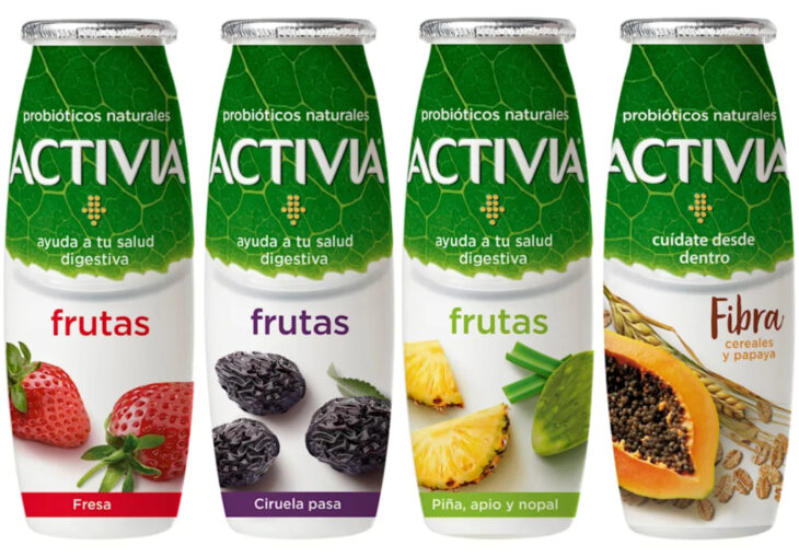 Yogur Activia bebible de sabores fresa, ciruela pasa, piña, apio y nopal, papaya y cereales